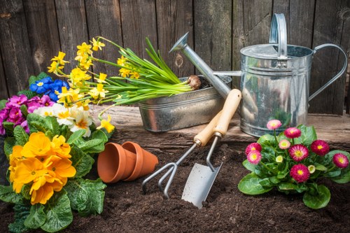Gardening terms and conditions document with clipboard and outdoor tools