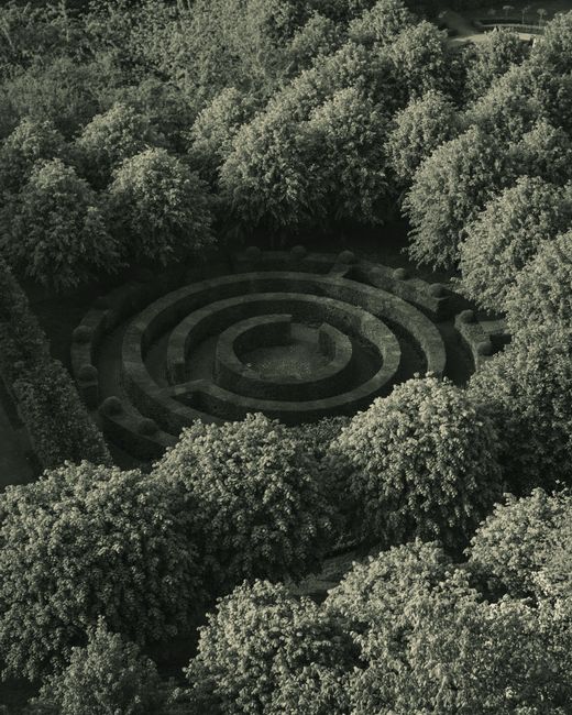An aerial view of a circular garden maze surrounded by dense, lush trees with dense foliage. The labyrinth features neatly trimmed hedges forming concentric circles with a small opening at one edge, c